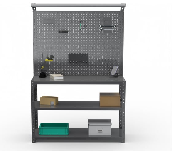 Изображение товара Стол-верстак ООО Металекс серия KIT 950х1500х500 мм, 2-е полки, двойная перфопанель с комплектом освещения, серый 205302