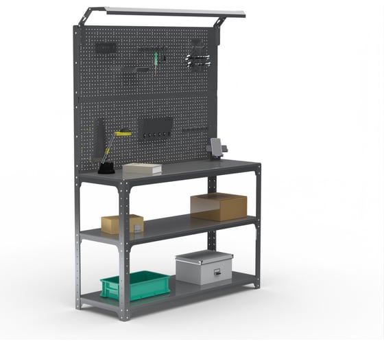 Изображение товара Стол-верстак ООО Металекс серия KIT 950х1400х400 мм, 2-е полки, двойная перфопанель с комплектом освещения, серый 205292