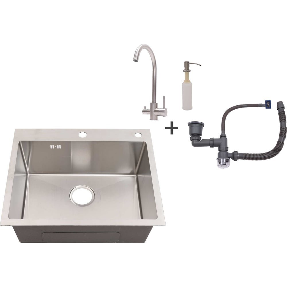 Изображение товара Мойка из нержавеющей стали Alcora Oslo 58х48 см., цвет satin. В комплекте сифон, диспенсер и смеситель Tugela 2015103S+NS-MHJ001