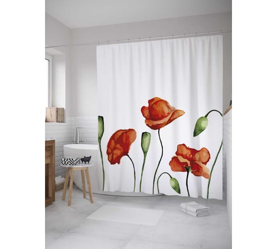 Изображение товара Штора (занавеска) для ванной JoyArty "Нежные маки" из сатена, 180х200 см с крючками, sc_27928