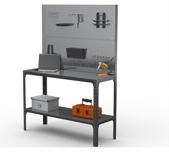 Изображение товара Стол-верстак ООО Металекс Metalex KIT 950х1400х500 мм, одна полка + двойная перфопанель с комплектом аксессуаров, серый 205133