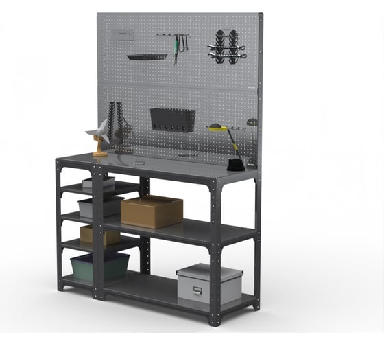 Изображение товара Стол-верстак ООО Металекс Metalex KIT 950х1800х600 мм, с боковыми полками, двумя перфопанелями и комплектом аксессуаров, серый 205065