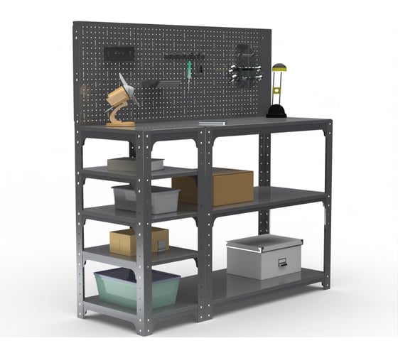 Изображение товара Стол-верстак ООО Металекс Metalex KIT 950х1100х500 мм, с боковыми полками, перфопанелью и комплектом аксессуаров, серый 205022