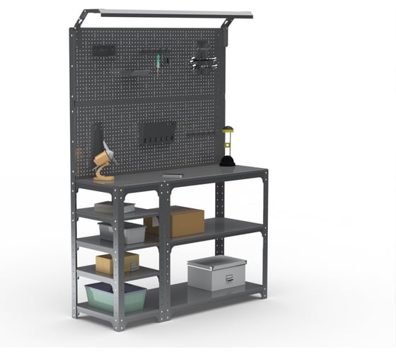 Изображение товара Стол-верстак ООО Металекс серия KIT 950х1600х600 мм, с боковыми полками, 2-мя панелями и комплектом освещения, серый 205261