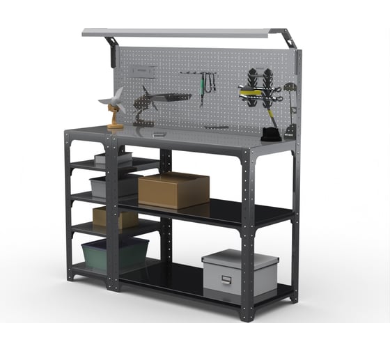 Изображение товара Стол-верстак ООО Металекс серия KIT 950х1300х500 мм, с боковыми полками, перфопанелью и комплектом освещения, серый 205222