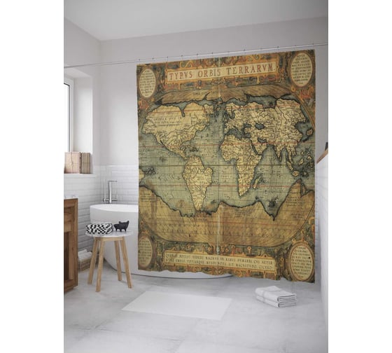 Изображение товара Штора (занавеска) для ванной JoyArty "Старинная карта" из сатена, 180х200 см с крючками, sc_28415