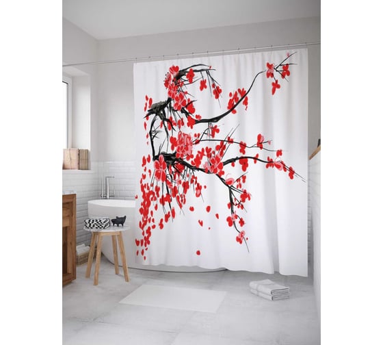 Изображение товара Штора (занавеска) для ванной JoyArty "Сакура в цвету" из сатена, 180х200 см с крючками, sc_29139