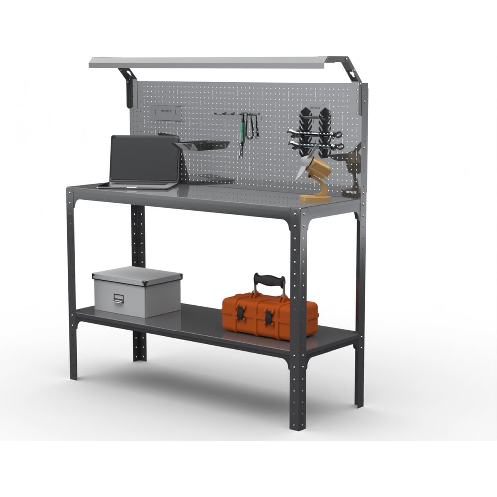 Изображение товара Стол-верстак ООО Металекс серия KIT 950х1300х500 мм, одна полка + перфопанель с комплектом освещения, серый 205381