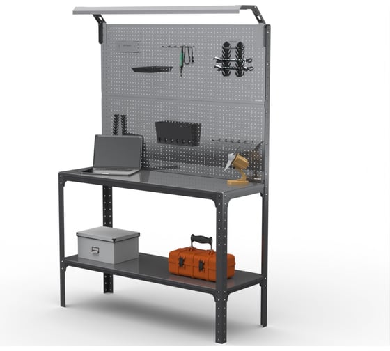 Изображение товара Стол-верстак ООО Металекс серия KIT 950х1500х600 мм, одна полка + двойная перфопанель с комплектом освещения, серый 205365
