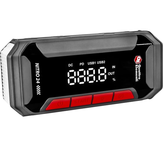 Изображение товара Пусковое устройство QUATTRO ELEMENTI Nitro 24 (12В, 24000 мАч, 2000 А, Type-C, USB-A, дисплей, фонарь 919-272