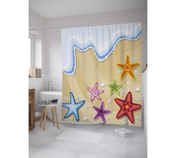 Изображение товара Штора (занавеска) для ванной JoyArty "Морские звезды" из сатена, 180х200 см с крючками, sc_27980