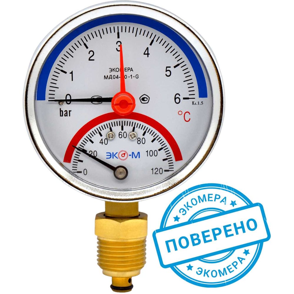 Изображение товара Термоманометр ЭКО-М ЭКОМЕРА МД04-80 мм 0-6 бар 0-120 С G1/4" переходник