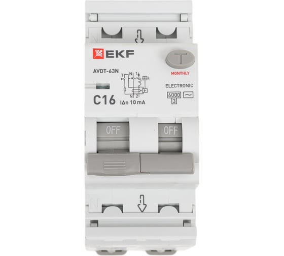 Изображение товара Автоматический выключатель дифференциального тока EKF АВДТ-63N 1P+N 16А 10мА характеристика С тип AC электронный 6кА PROXIMA D63N26E16C10