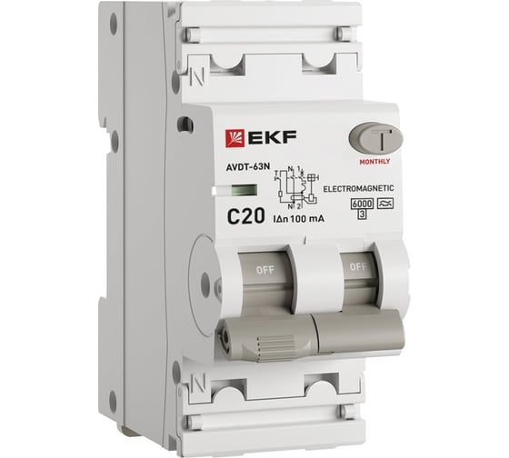 Изображение товара Автоматический выключатель дифференциального тока EKF АВДТ-63N 1P+N 20А 100мА характеристика C тип A электромеханический 6кА PROXIMA D63N26MA20C100