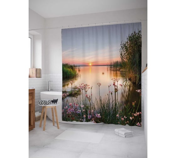 Изображение товара Штора (занавеска) для ванной JoyArty "Закат на озере" из сатена, 180х200 см с крючками, sc_29441