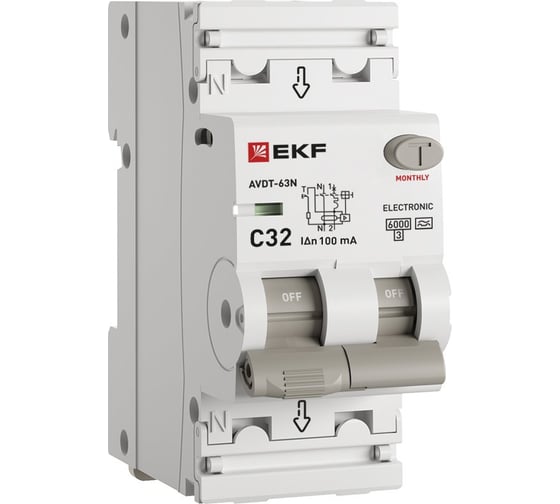 Изображение товара Автоматический выключатель дифференциального тока EKF АВДТ-63N 1P+N 32А 100мА характеристика C тип A электронный 6кА PROXIMA D63N26EA32C100