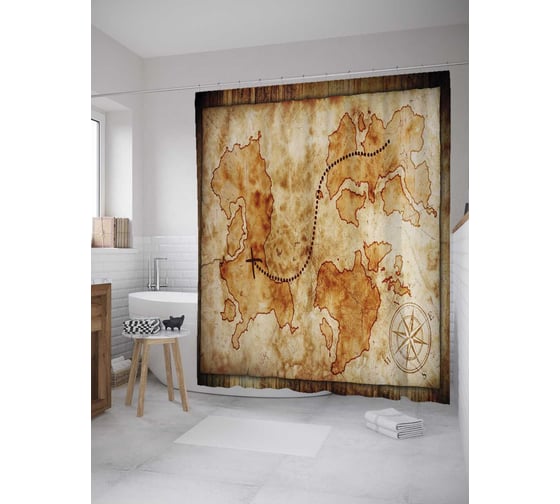 Изображение товара Штора (занавеска) для ванной JoyArty "Старинная карта" из сатена, 180х200 см с крючками, sc_28452