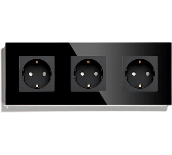 Изображение товара Розетка Vell черная, электрическая, 3 поста, стеклянная рамка 1369749