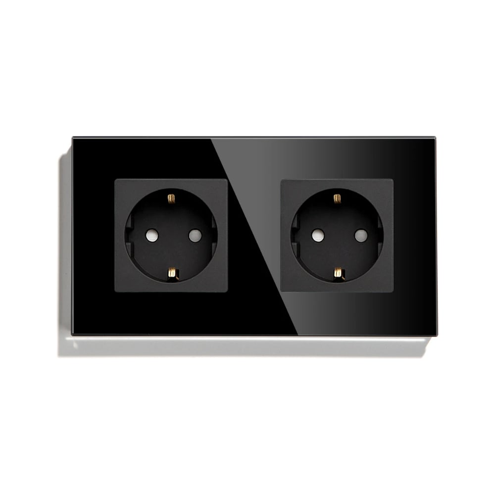 Изображение товара Электрическая розетка Vell черная 2 поста с заземлением, стеклянная рамка