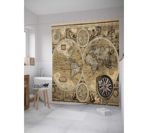 Изображение товара Штора (занавеска) для ванной JoyArty "Старинная картография" из сатена, 180х200 см с крючками, sc_28421