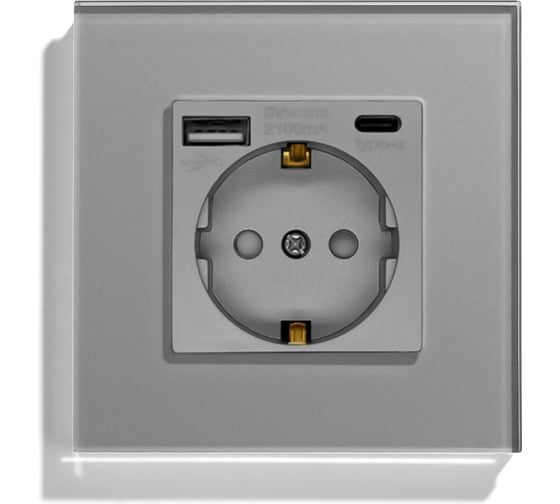 Изображение товара Розетка Vell электрическая, серая, 1 пост, USB-A, USB-C, стеклянная рамка 1369763