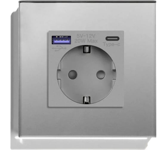 Изображение товара Розетка Vell электрическая, серая, 1 пост, USB-A, USB-C, быстрая зарядка, стеклянная рамка 1369767
