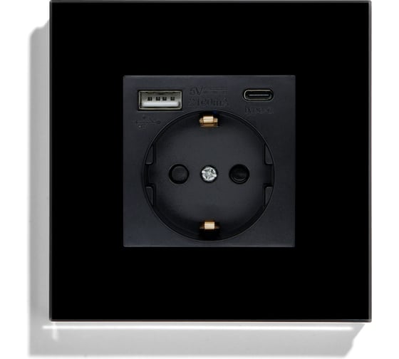 Изображение товара Розетка Vell электрическая, черная, 1 пост, USB-A, USB-C, стеклянная рамка 1369761