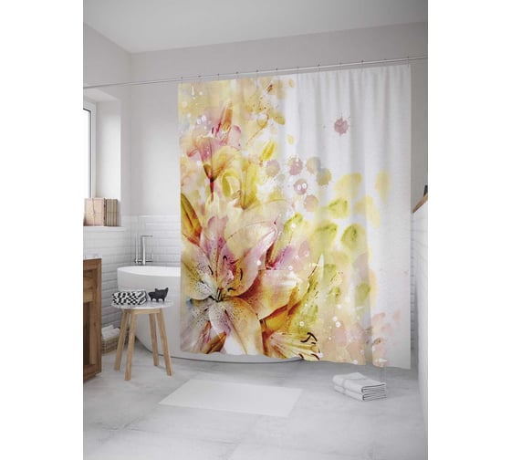 Изображение товара Штора (занавеска) для ванной JoyArty "Цветочные кляксы" из сатена, 180х200 см с крючками, sc_27933