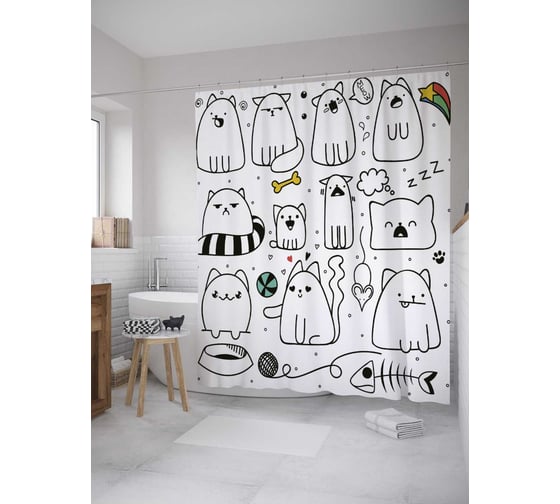 Изображение товара Штора (занавеска) для ванной JoyArty "Кошачий распорядок" из сатена, 180х200 см с крючками, sc_28532