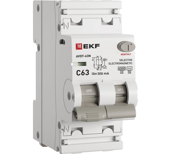 Изображение товара Автоматический выключатель дифференциального тока селективный EKF АВДТ-63N (S) 1P+N 63А 300мА характеристика C тип AC электромеханический 6кА PROXIMA D63N26MS63C300
