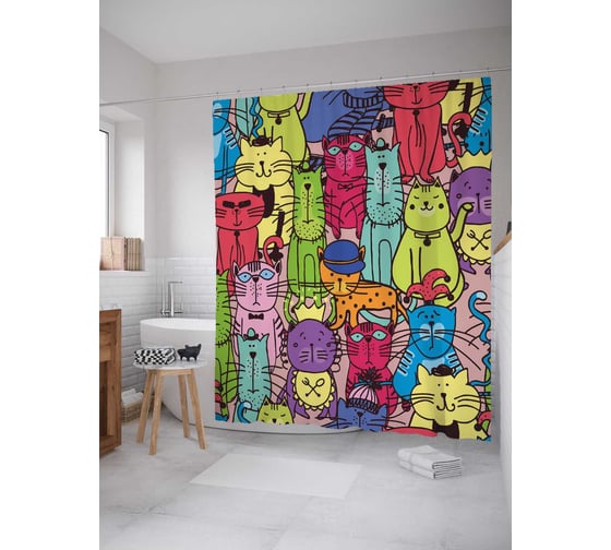 Изображение товара Штора (занавеска) для ванной JoyArty "Кошачья площадь" из сатена, 180х200 см с крючками, sc_26458