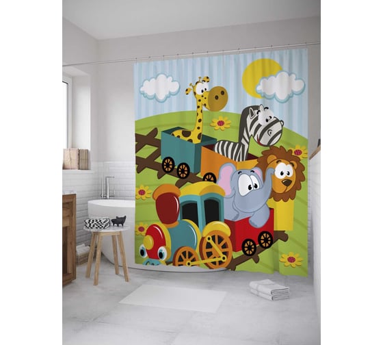 Изображение товара Штора (занавеска) для ванной JoyArty "Мультяшные герои" из сатена, 180х200 см с крючками, sc_28206