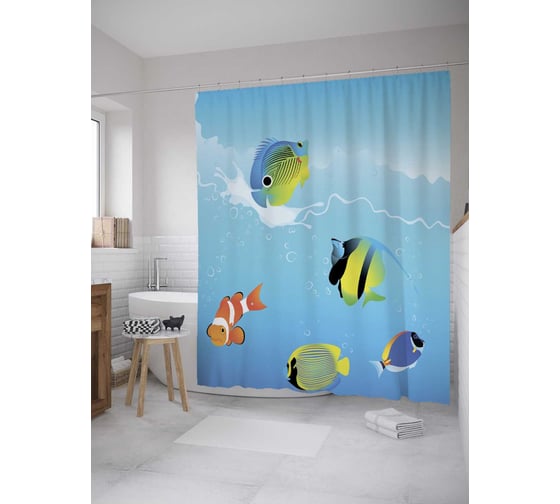 Изображение товара Штора (занавеска) для ванной JoyArty "Яркие рыбки" из сатена, 180х200 см с крючками, sc_27844