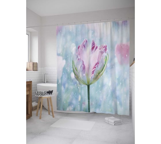 Изображение товара Штора (занавеска) для ванной JoyArty "Нежность тюльпана" из сатена, 180х200 см с крючками, sc_27779