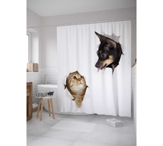 Изображение товара Штора (занавеска) для ванной JoyArty "Кот спрятался" из сатена, 180х200 см с крючками, sc_28108