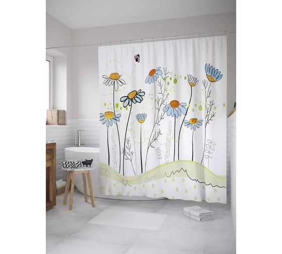 Изображение товара Штора (занавеска) для ванной JoyArty "Ряд ромашек" из сатена, 180х200 см с крючками, sc_27810