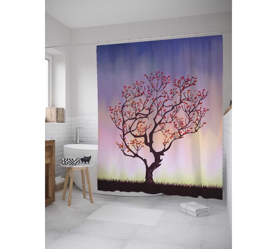 Изображение товара Штора (занавеска) для ванной JoyArty "Одинокое осеннее дерево" из сатена, 180х200 см с крючками, sc_27842