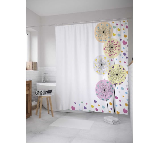 Изображение товара Штора (занавеска) для ванной JoyArty "Любовные одуванчики" из сатена, 180х200 см с крючками, sc_28590
