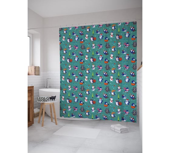 Изображение товара Штора (занавеска) для ванной JoyArty "Зимние забавы зверей" из сатена, 180х200 см с крючками, sc_290629