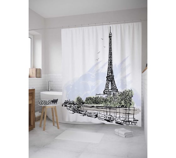 Изображение товара Штора (занавеска) для ванной JoyArty "Эйфелевая башня в графике" из сатена, 180х200 см с крючками, sc_27749