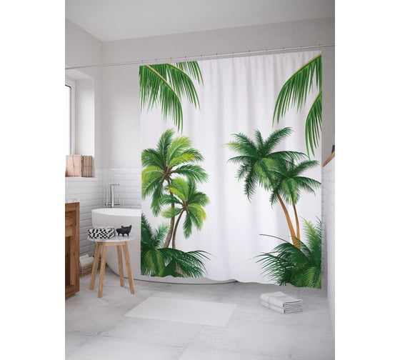 Изображение товара Штора (занавеска) для ванной JoyArty "Пальмы" из сатена, 180х200 см с крючками, sc_29047