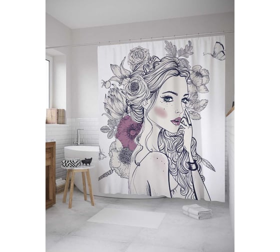 Изображение товара Штора (занавеска) для ванной JoyArty "Цветочная прическа" из сатена, 180х200 см с крючками, sc_27793