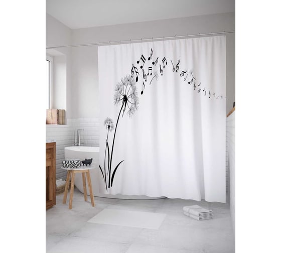 Изображение товара Штора (занавеска) для ванной JoyArty "Музыкальный одуванчик" из сатена, 180х200 см с крючками, sc_12691