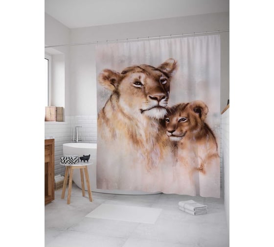 Изображение товара Штора (занавеска) для ванной JoyArty "Львиная забота" из сатена, 180х200 см с крючками, sc_12709
