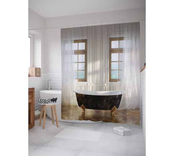 Изображение товара Штора (занавеска) для ванной JoyArty "Ванна с пейзажем" из сатена, 180х200 см с крючками, sc_10996