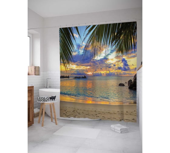 Изображение товара Штора (занавеска) для ванной JoyArty "Пальмы у тёплого моря" из сатена, 180х200 см с крючками, sc_1237