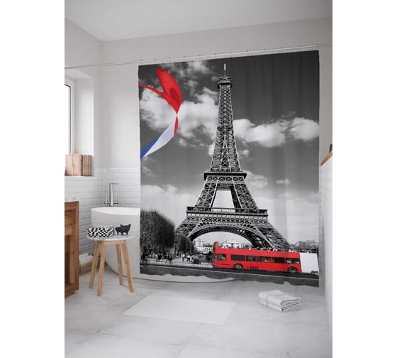 Изображение товара Штора (занавеска) для ванной JoyArty "Облачный Париж" из сатена, 180х200 см sc_244894