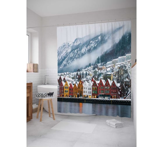 Изображение товара Штора (занавеска) для ванной JoyArty "Заснеженный город" из сатена, 180х200 см с крючками, sc_14413