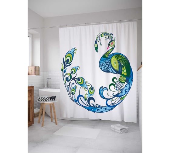 Изображение товара Штора (занавеска) для ванной JoyArty "Радужный павлин" из сатена, 180х200 см с крючками, sc_12584