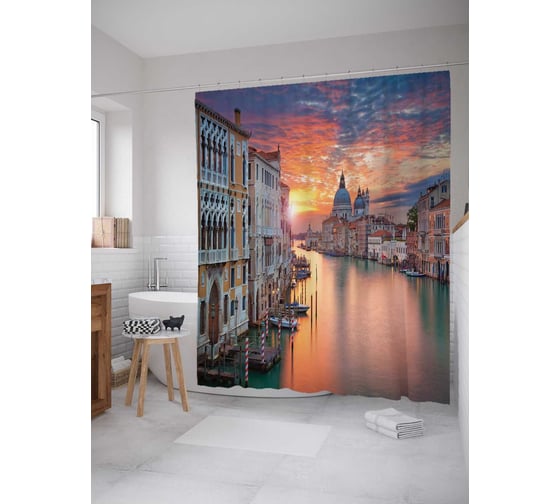 Изображение товара Штора (занавеска) для ванной JoyArty "Широкая уличная река" из сатена, 180х200 см с крючками, sc_14420